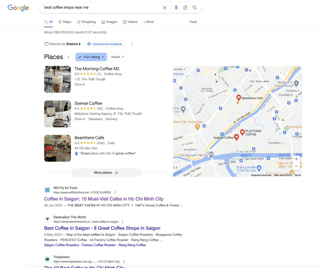 Consider a user searching for "best coffee shops near me"